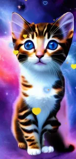 Cute kitten with blue eyes in a cosmic galaxy background with hearts.