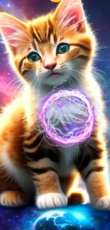 Adorable cosmic kitten with glowing orb in a galaxy-themed wallpaper.