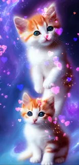 Two kittens with a cosmic nebula background.