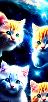 Four adorable kittens float against a cosmic, starry blue and orange background.