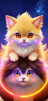 Adorable cosmic kittens in vibrant colors and glowing rings.