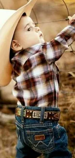 Adorable toddler in cowboy attire by fence.