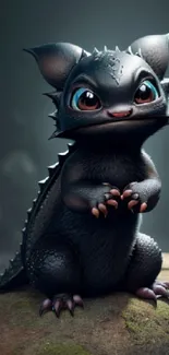 Cute, black creature with large eyes on a rock.