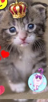 Cute kitten with crown and emojis wallpaper.