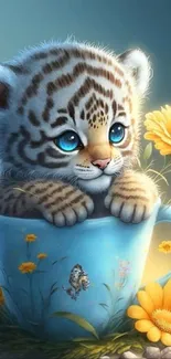 Cute tiger cub in a teacup with yellow flowers around.