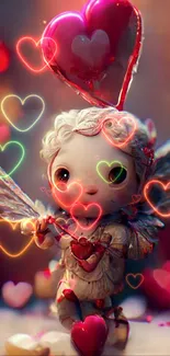 Adorable cupid-themed mobile wallpaper with pink hearts and wings.