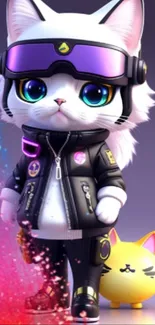 Cute cyberpunk cats in futuristic attire with vibrant colors.