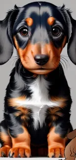 Cartoon Dachshund puppy with big eyes in a whimsical style.