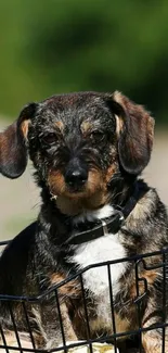 Cute dachshund sitting in a wire basket with a green backdrop.