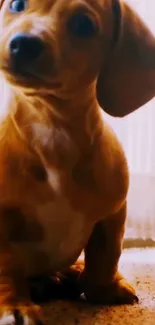 Adorable dachshund puppy sitting on floor with curious expression.