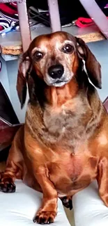 Adorable dachshund sitting on a chair with a warm background.