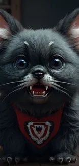 Adorable dark-furred kitten with big eyes wearing a red collar.