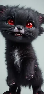 Cute dark fluffy kitten with red eyes.