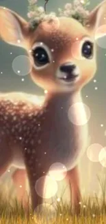 Cute baby deer in a whimsical, dreamy forest setting.