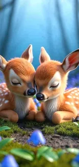 Two adorable deer nestled in a green forest setting.