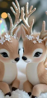 Two adorable deer with floral antlers in a fantasy setting.