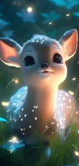 Whimsical glowing fawn in a fantasy forest