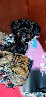 Fluffy black dog and tabby cat resting on colorful fabric.