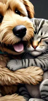 Cute dog hugging a sleepy cat. Perfect phone wallpaper.