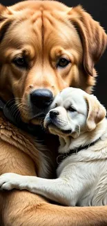 Adorable dog and puppy sharing a warm hug in a heartwarming portrait.