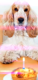 Adorable dog sits behind a birthday cake with a candle.