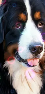 Adorable fluffy Bernese Mountain Dog with colorful hexagons.