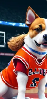 Cute dog wearing a basketball jersey on court.