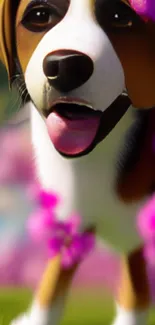 Cute dog surrounded by vibrant pink blossoms.