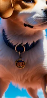 Cute fluffy dog with golden pendant against a bright blue sky.