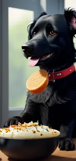 Adorable black dog in kitchen with food bowl and biscuit.