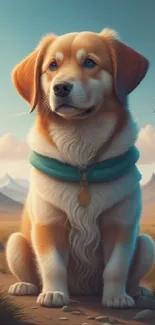 Cute dog sitting in a scenic mountain landscape with a sunny sky.