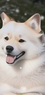 Adorable white dog sitting in snowy landscape.