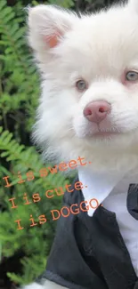 Fluffy white dog in a suit against a lush green background.