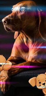 Vizsla dog with cute cartoon puppies on mobile wallpaper.