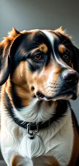 Close-up portrait of a cute dog with brown eyes and shiny fur.