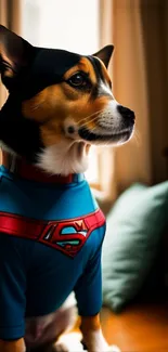 Cute dog in a blue superhero costume sitting in a cozy room.