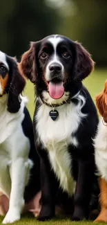 Three adorable puppies sit on a green lawn, showcasing their cuteness.