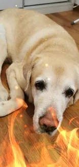 Cute golden retriever with fiery effect on wooden floor.