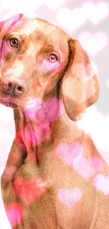 Adorable dog with pink heart overlay on wallpaper.