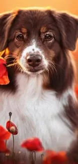 A cute dog holding a poppy flower in an orange-themed background.