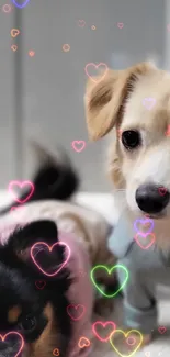 Cute small dogs in sweaters on a soft blanket.