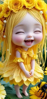 Smiling doll in yellow floral attire with bee, amidst bright flowers.