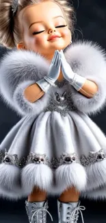 Adorable doll in luxurious fur dress, charming pose.