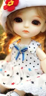 Adorable doll with a polka-dot dress sitting in nature.