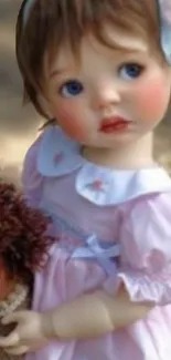 Charming doll in pastel pink dress with a delicate bow.