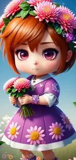 Cute doll with flower crown and purple dress on mobile wallpaper.