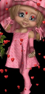 Cute doll with pink dress and hat surrounded by red hearts.