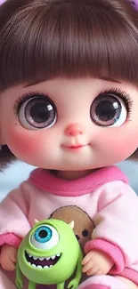 Cute doll holding a toy monster with big eyes.