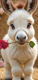 Cute donkey holding a rose in pastoral setting.