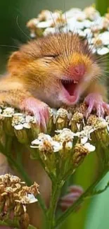 Adorable dormouse resting on white flowers, exuding calm and serenity.